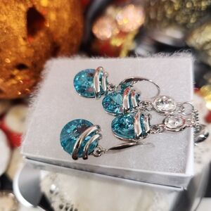 Elegant Callura Blue Satin Lariat Crystal Drop Adj. Necklace W/Matching Earrings